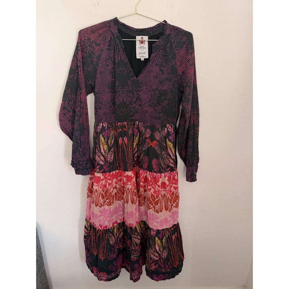 Roopa Pemmaraju x Anthropologie Pink Black Tiered Boho Floral Midi Dress S